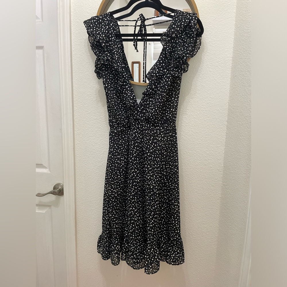 Vintage 70s Mindy Malone Ruffled Elegant Black and White Polka Dot Dress